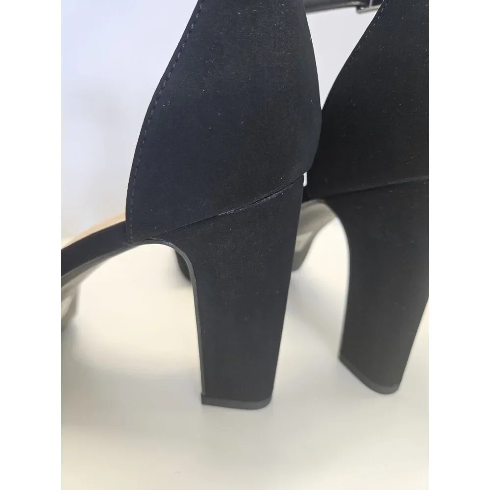 Stylish High Block Heel Women's Size 8 Open Toe Platform Ankle Strap Black Suede